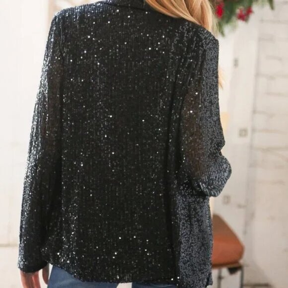 New- Black Sequin Lapel Collar Pocketed Holiday Jacket - 3X - Picture 2 of 5